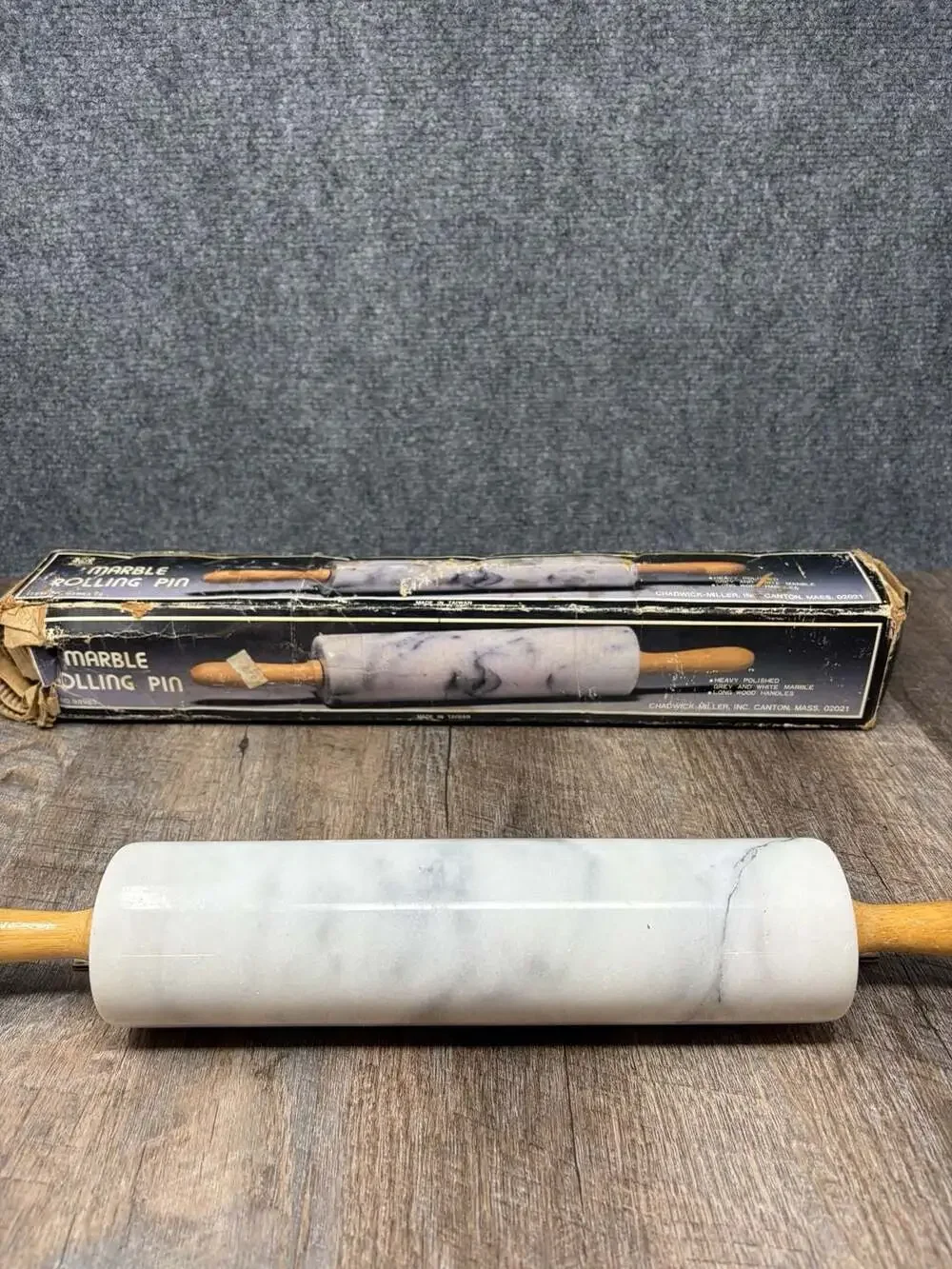 Vintage Chadwick-Miller white Marble Rolling Pin with Wooden Handles heavy 18”